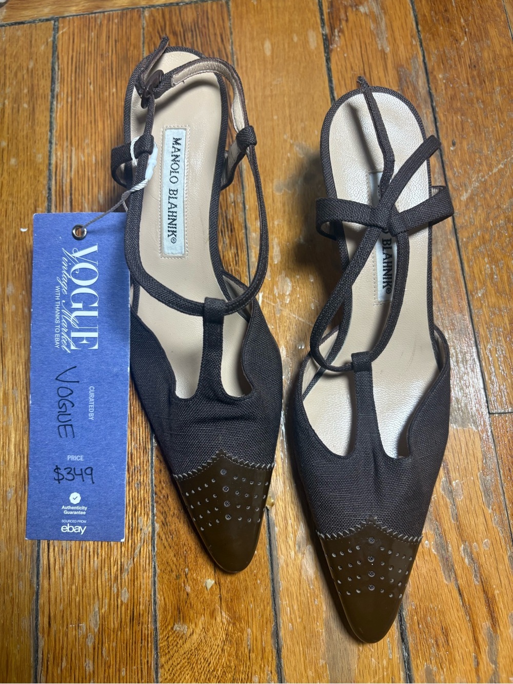 Manolo Blahnik Black Pointed Slingback Heels with Studded Toe Cap